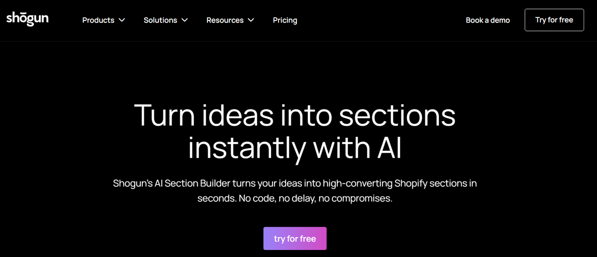Shogun homepage promoting an AI Section Builder for Shopify stores