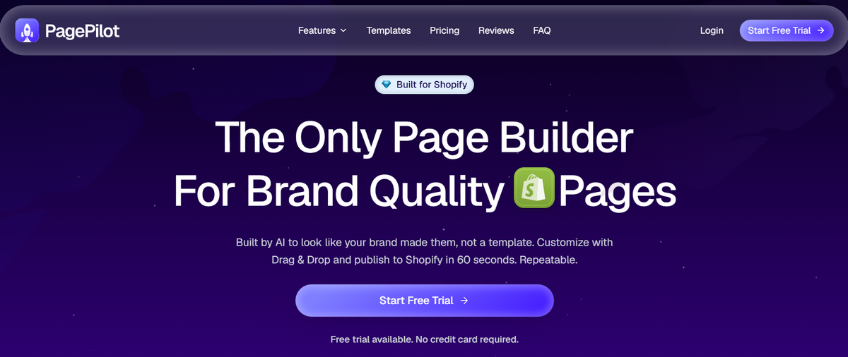 PagePilot homepage promoting an AI Shopify page builder for branded store pages