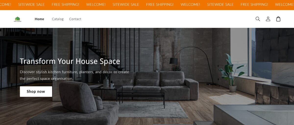 AI-built Shopify home and garden store with a customized homepage banner, navigation menu, and shop button